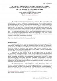 The Protection of Consumer Right on Transaction of Purchase and Sale of Housing (Prespective of Law No.1 of 2011 on Housing and Residential Area)