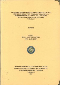 Pengaruh Model Pembelajaran Kooperatif Tipe Think Pair Share (TPS) Terhadap Kemampuan Berpikir Kritis Dan Hasil Belajar Siswa Kelas V Sekolah Dasar Gugus VII Tarakan